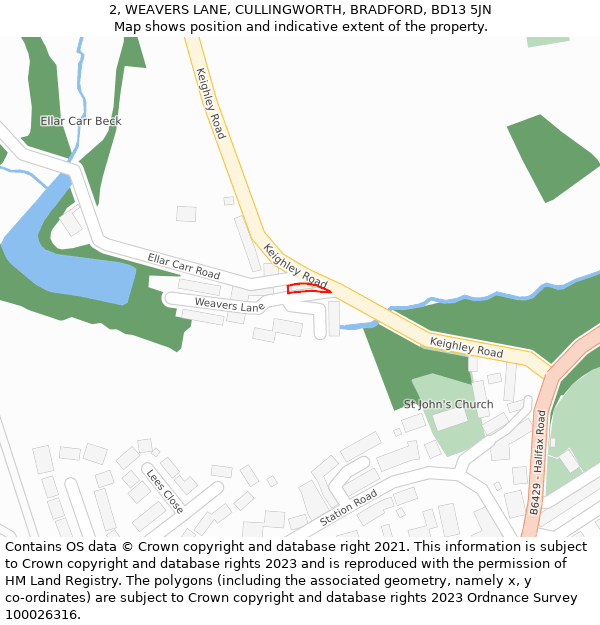 2, WEAVERS LANE, CULLINGWORTH, BRADFORD, BD13 5JN: Location map and indicative extent of plot