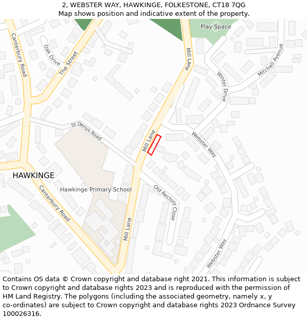 2, WEBSTER WAY, HAWKINGE, FOLKESTONE, CT18 7QG: Location map and indicative extent of plot