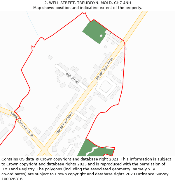 2, WELL STREET, TREUDDYN, MOLD, CH7 4NH: Location map and indicative extent of plot