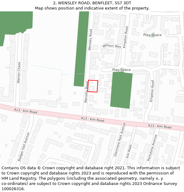 2, WENSLEY ROAD, BENFLEET, SS7 3DT: Location map and indicative extent of plot