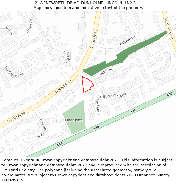 2, WENTWORTH DRIVE, DUNHOLME, LINCOLN, LN2 3UH: Location map and indicative extent of plot