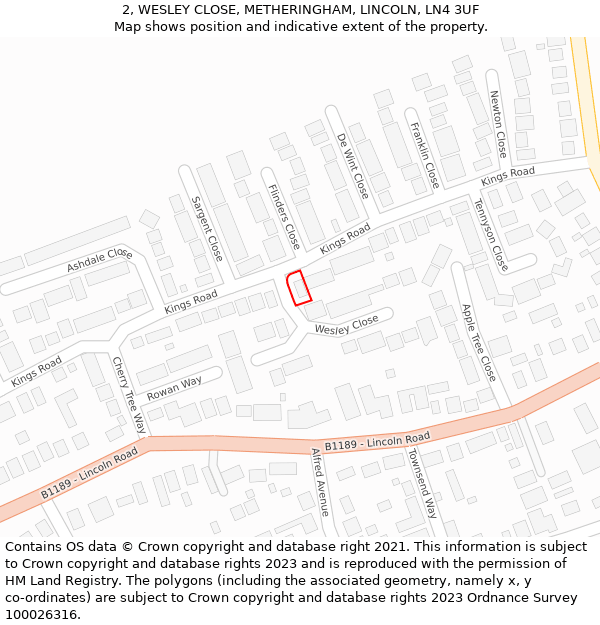 2, WESLEY CLOSE, METHERINGHAM, LINCOLN, LN4 3UF: Location map and indicative extent of plot