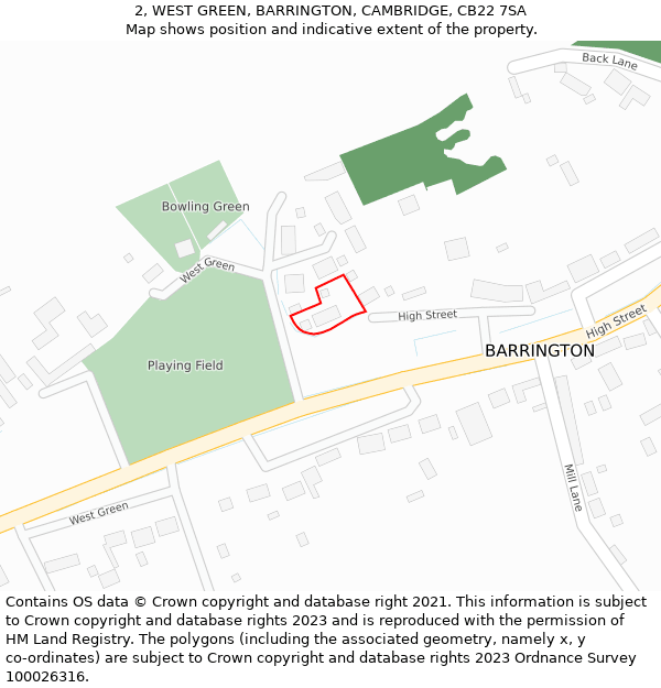 2, WEST GREEN, BARRINGTON, CAMBRIDGE, CB22 7SA: Location map and indicative extent of plot