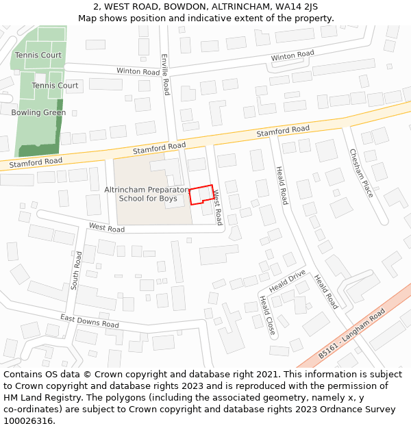 2, WEST ROAD, BOWDON, ALTRINCHAM, WA14 2JS: Location map and indicative extent of plot