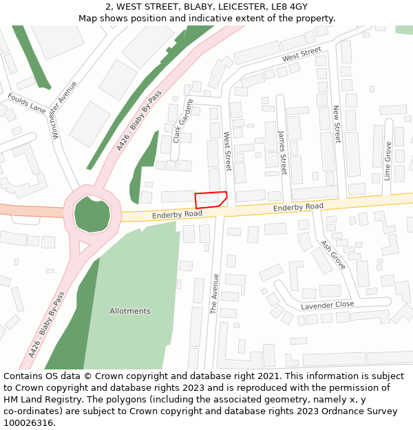 2, WEST STREET, BLABY, LEICESTER, LE8 4GY: Location map and indicative extent of plot