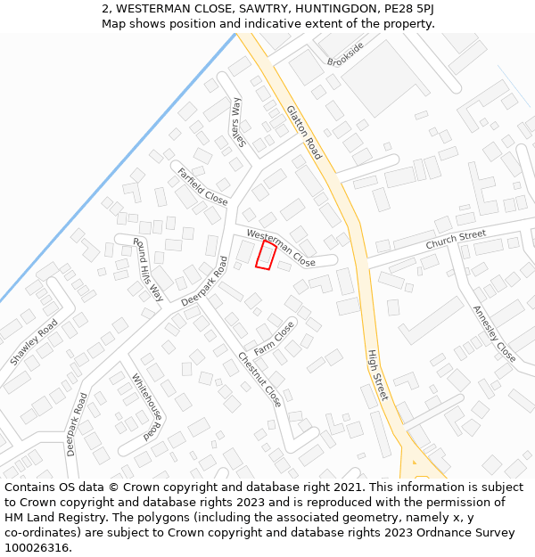 2, WESTERMAN CLOSE, SAWTRY, HUNTINGDON, PE28 5PJ: Location map and indicative extent of plot