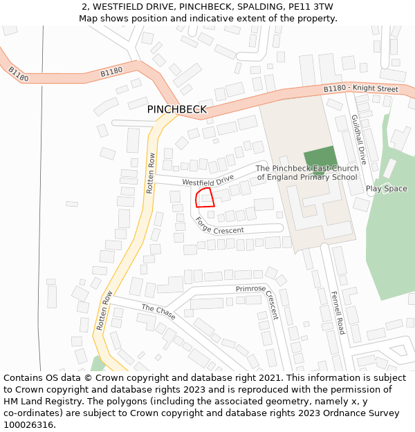 2, WESTFIELD DRIVE, PINCHBECK, SPALDING, PE11 3TW: Location map and indicative extent of plot