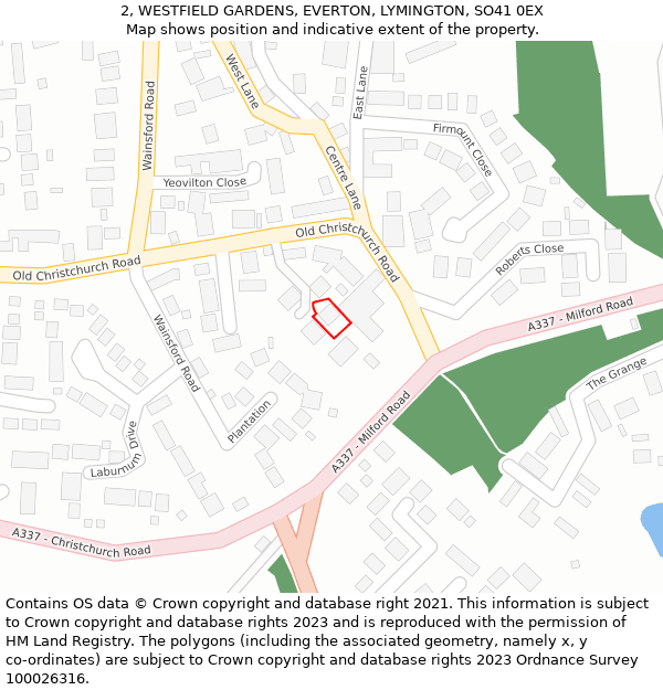 2, WESTFIELD GARDENS, EVERTON, LYMINGTON, SO41 0EX: Location map and indicative extent of plot