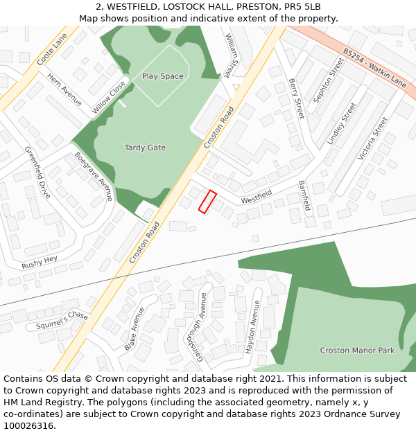 2, WESTFIELD, LOSTOCK HALL, PRESTON, PR5 5LB: Location map and indicative extent of plot