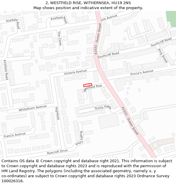 2, WESTFIELD RISE, WITHERNSEA, HU19 2NS: Location map and indicative extent of plot