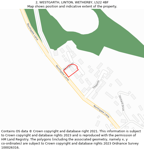 2, WESTGARTH, LINTON, WETHERBY, LS22 4BF: Location map and indicative extent of plot