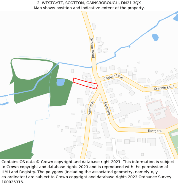 2, WESTGATE, SCOTTON, GAINSBOROUGH, DN21 3QX: Location map and indicative extent of plot