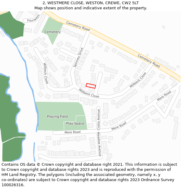 2, WESTMERE CLOSE, WESTON, CREWE, CW2 5LT: Location map and indicative extent of plot