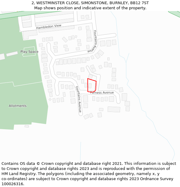 2, WESTMINSTER CLOSE, SIMONSTONE, BURNLEY, BB12 7ST: Location map and indicative extent of plot