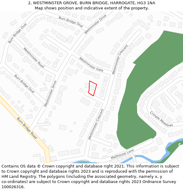 2, WESTMINSTER GROVE, BURN BRIDGE, HARROGATE, HG3 1NA: Location map and indicative extent of plot