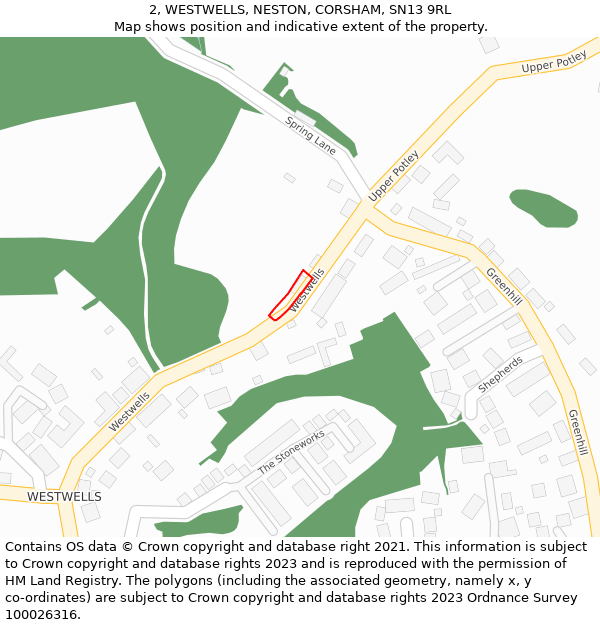 2, WESTWELLS, NESTON, CORSHAM, SN13 9RL: Location map and indicative extent of plot