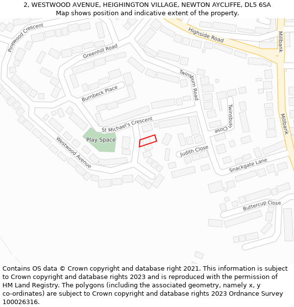 2, WESTWOOD AVENUE, HEIGHINGTON VILLAGE, NEWTON AYCLIFFE, DL5 6SA: Location map and indicative extent of plot