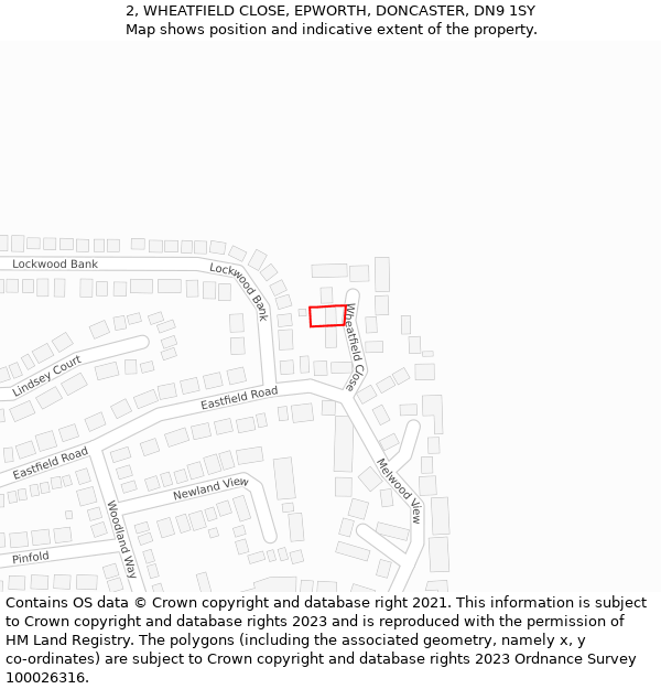 2, WHEATFIELD CLOSE, EPWORTH, DONCASTER, DN9 1SY: Location map and indicative extent of plot