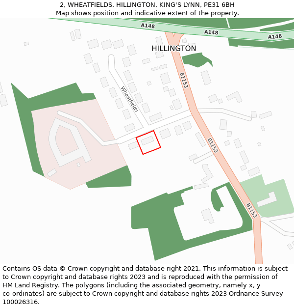 2, WHEATFIELDS, HILLINGTON, KING'S LYNN, PE31 6BH: Location map and indicative extent of plot