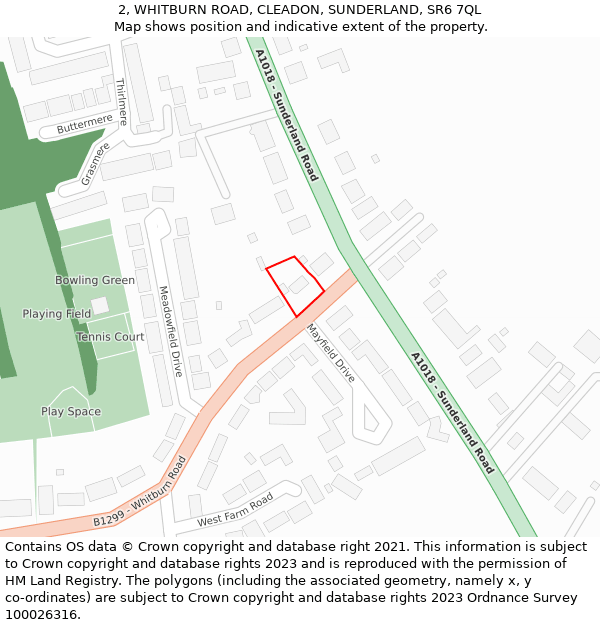 2, WHITBURN ROAD, CLEADON, SUNDERLAND, SR6 7QL: Location map and indicative extent of plot