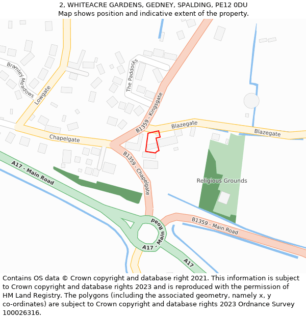 2, WHITEACRE GARDENS, GEDNEY, SPALDING, PE12 0DU: Location map and indicative extent of plot