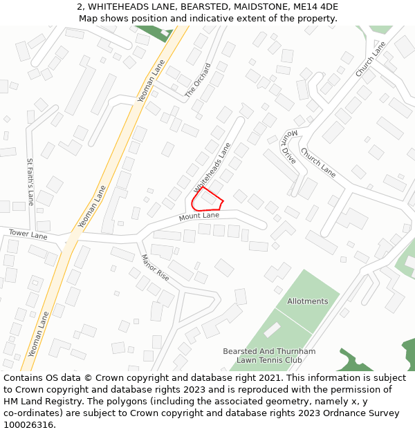 2, WHITEHEADS LANE, BEARSTED, MAIDSTONE, ME14 4DE: Location map and indicative extent of plot