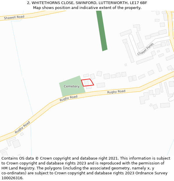 2, WHITETHORNS CLOSE, SWINFORD, LUTTERWORTH, LE17 6BF: Location map and indicative extent of plot