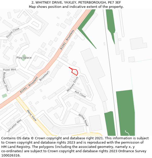 2, WHITNEY DRIVE, YAXLEY, PETERBOROUGH, PE7 3EF: Location map and indicative extent of plot