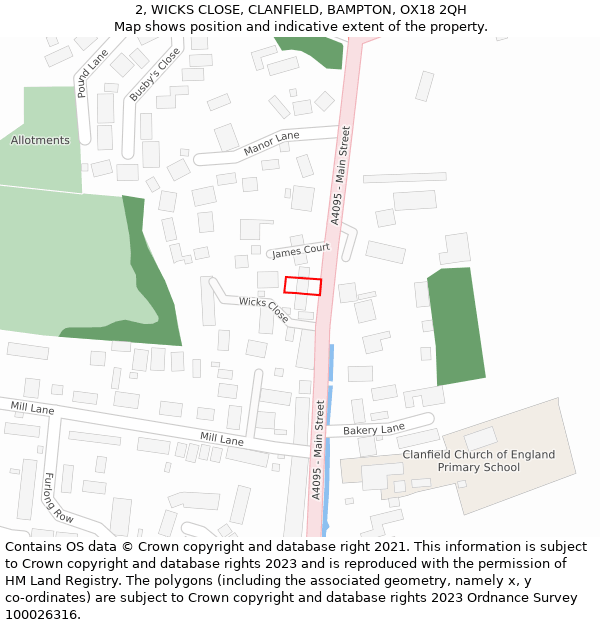 2, WICKS CLOSE, CLANFIELD, BAMPTON, OX18 2QH: Location map and indicative extent of plot