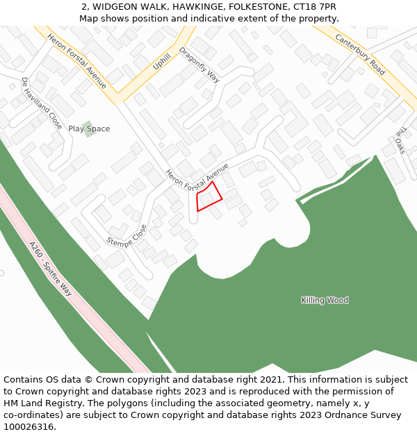 2, WIDGEON WALK, HAWKINGE, FOLKESTONE, CT18 7PR: Location map and indicative extent of plot