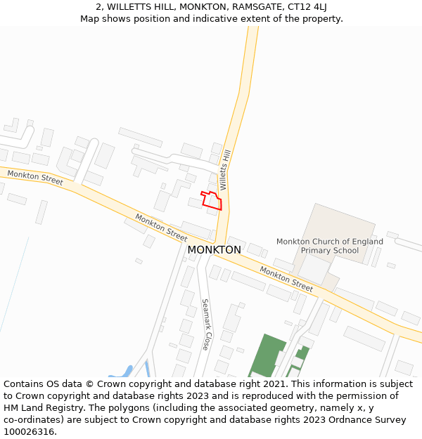 2, WILLETTS HILL, MONKTON, RAMSGATE, CT12 4LJ: Location map and indicative extent of plot