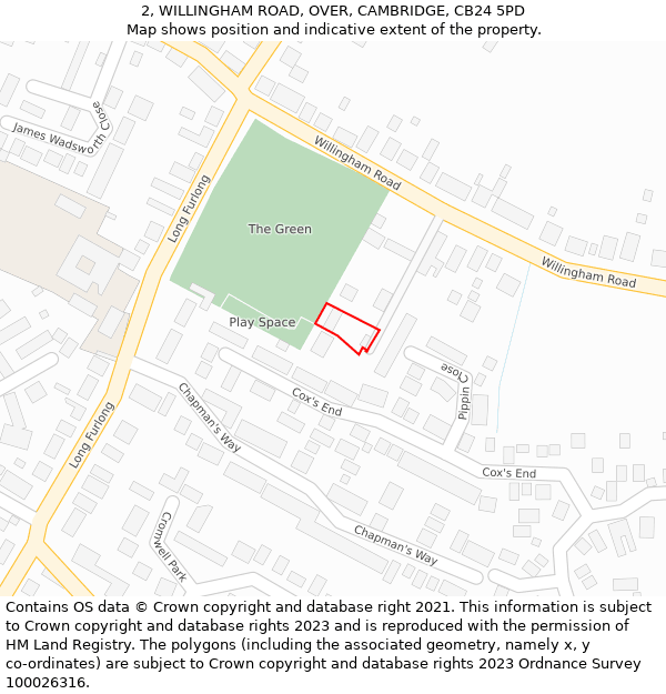 2, WILLINGHAM ROAD, OVER, CAMBRIDGE, CB24 5PD: Location map and indicative extent of plot