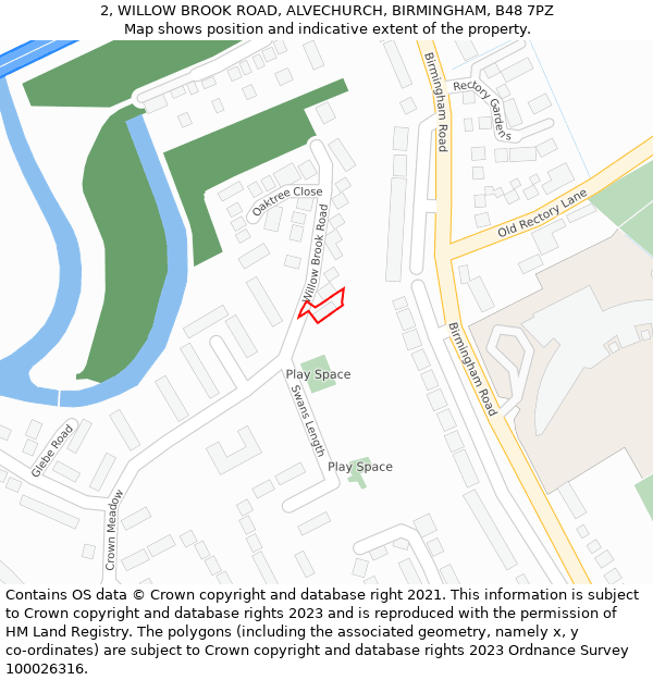 2, WILLOW BROOK ROAD, ALVECHURCH, BIRMINGHAM, B48 7PZ: Location map and indicative extent of plot