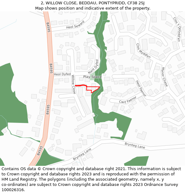 2, WILLOW CLOSE, BEDDAU, PONTYPRIDD, CF38 2SJ: Location map and indicative extent of plot