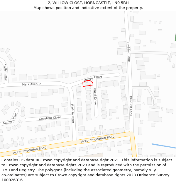 2, WILLOW CLOSE, HORNCASTLE, LN9 5BH: Location map and indicative extent of plot