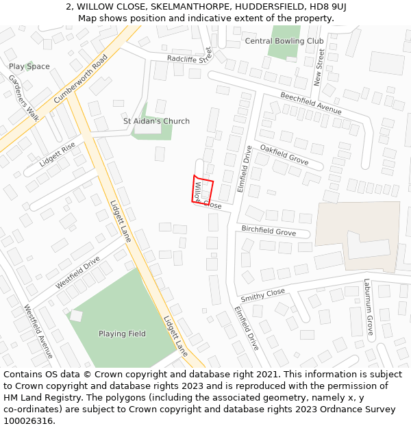 2, WILLOW CLOSE, SKELMANTHORPE, HUDDERSFIELD, HD8 9UJ: Location map and indicative extent of plot