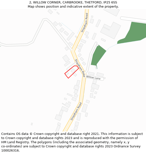 2, WILLOW CORNER, CARBROOKE, THETFORD, IP25 6SS: Location map and indicative extent of plot