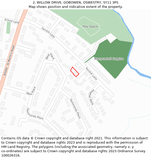 2, WILLOW DRIVE, GOBOWEN, OSWESTRY, SY11 3PS: Location map and indicative extent of plot