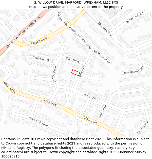 2, WILLOW DRIVE, MARFORD, WREXHAM, LL12 8XS: Location map and indicative extent of plot