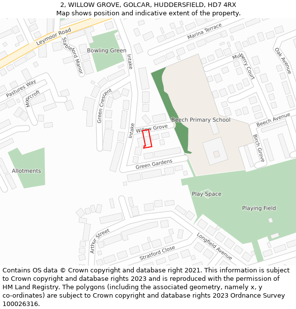 2, WILLOW GROVE, GOLCAR, HUDDERSFIELD, HD7 4RX: Location map and indicative extent of plot