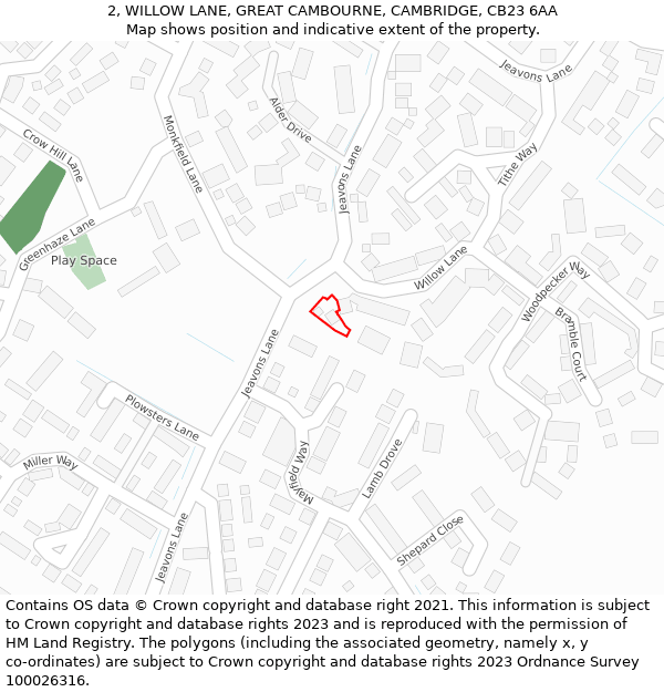 2, WILLOW LANE, GREAT CAMBOURNE, CAMBRIDGE, CB23 6AA: Location map and indicative extent of plot