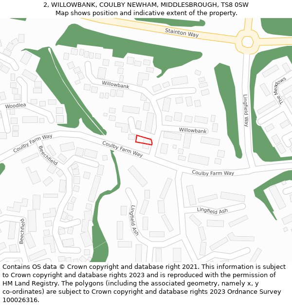 2, WILLOWBANK, COULBY NEWHAM, MIDDLESBROUGH, TS8 0SW: Location map and indicative extent of plot