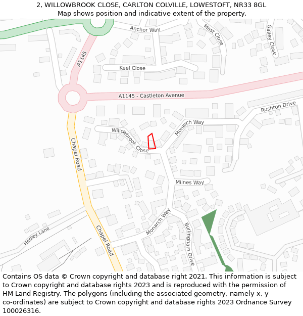 2, WILLOWBROOK CLOSE, CARLTON COLVILLE, LOWESTOFT, NR33 8GL: Location map and indicative extent of plot