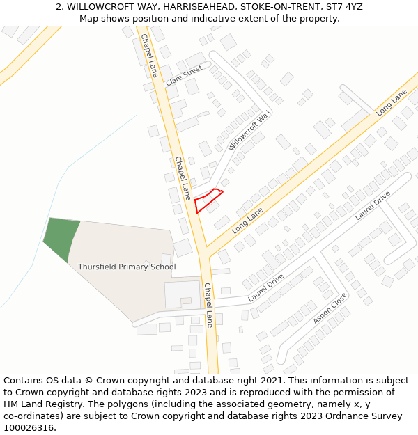 2, WILLOWCROFT WAY, HARRISEAHEAD, STOKE-ON-TRENT, ST7 4YZ: Location map and indicative extent of plot