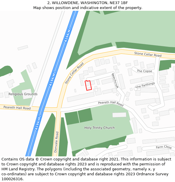 2, WILLOWDENE, WASHINGTON, NE37 1BF: Location map and indicative extent of plot