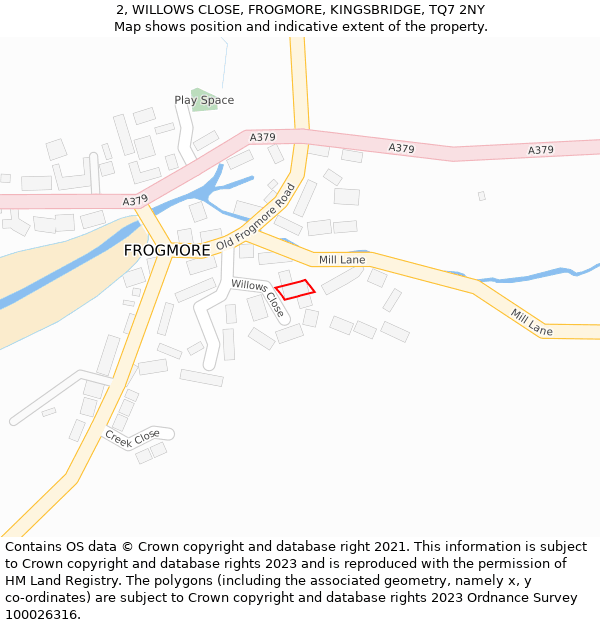 2, WILLOWS CLOSE, FROGMORE, KINGSBRIDGE, TQ7 2NY: Location map and indicative extent of plot