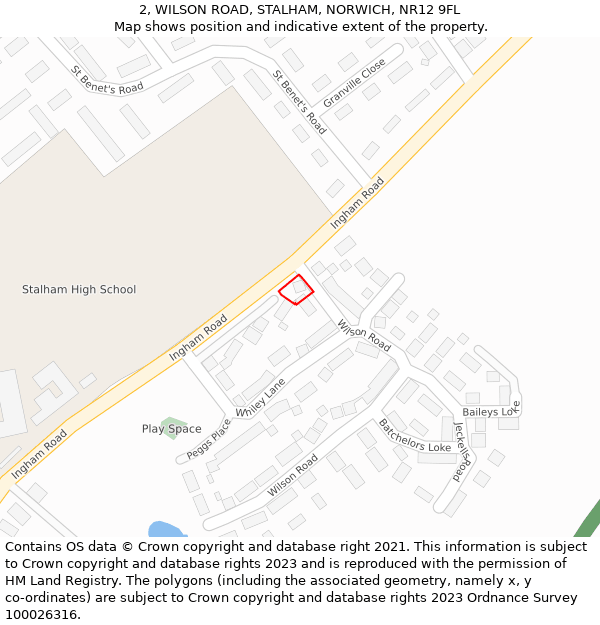 2, WILSON ROAD, STALHAM, NORWICH, NR12 9FL: Location map and indicative extent of plot