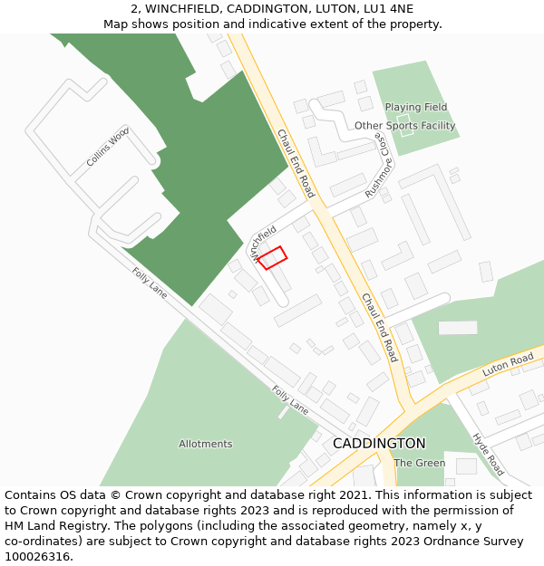 2, WINCHFIELD, CADDINGTON, LUTON, LU1 4NE: Location map and indicative extent of plot