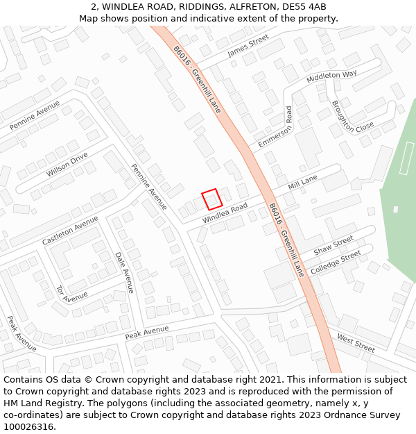 2, WINDLEA ROAD, RIDDINGS, ALFRETON, DE55 4AB: Location map and indicative extent of plot