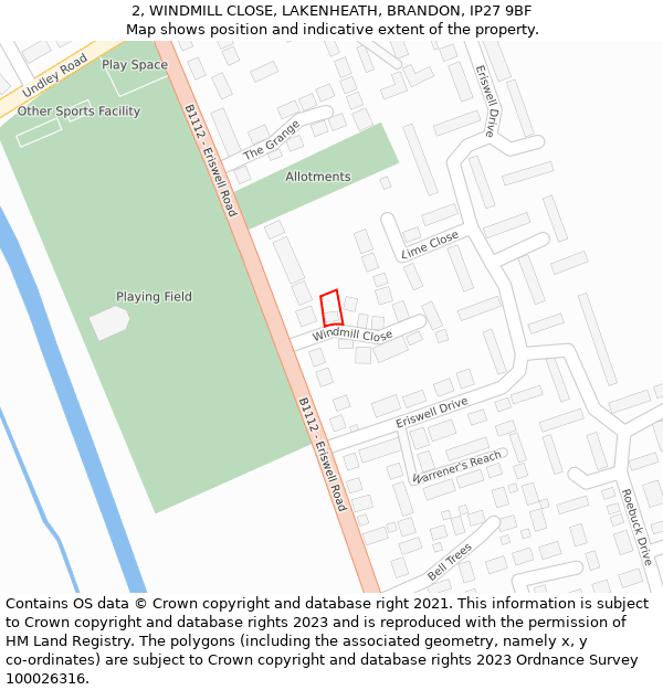2, WINDMILL CLOSE, LAKENHEATH, BRANDON, IP27 9BF: Location map and indicative extent of plot
